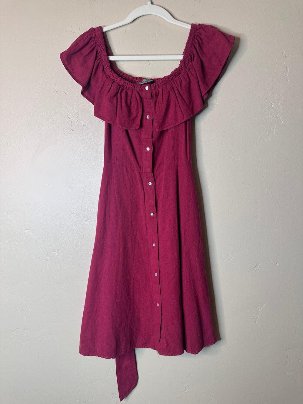 Zara Burgundy Button Front Ruffle Off Shoulder Knee Length Dress SMALL